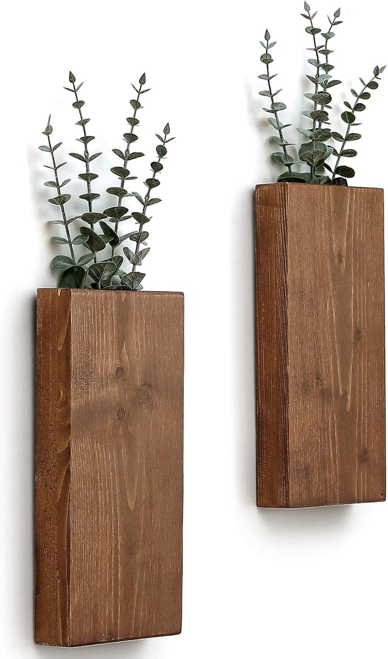 GRID FORTE Wood Wall Planter Set of 2, Wood Wall Pocket for Greenery and Dried Flowers, Indoor Hanging Vase, Modern Farmhouse Wall Decor for Living Room Bedroom Office Eucalyptus Stems Decorations (Walnut) - Image 1
